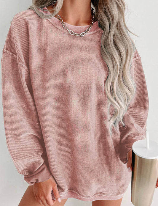 Pink Solid Ribbed Knit Round Neck Pullover Sweatshirt