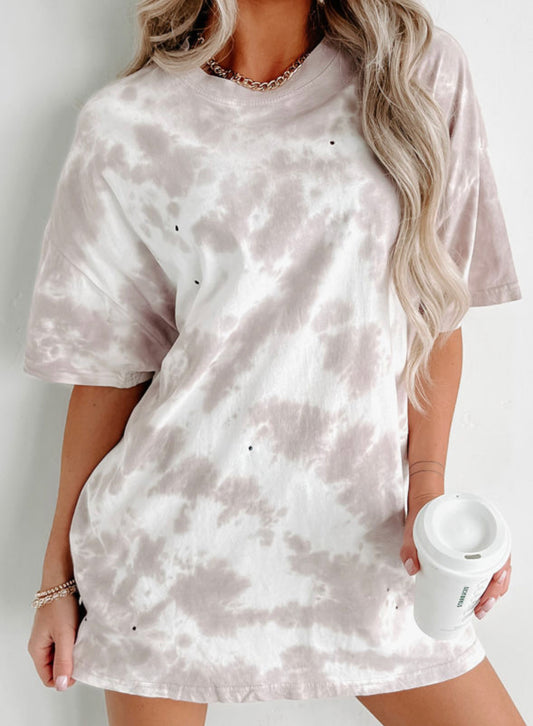 White Tie-Dye Round Neck Short Sleeve Top